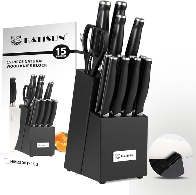 15-Piece ABS Handle Kitchen Knife Set with Block | Ergonomic Grip Chef Blades & Serrated Steak Cutlery. Includes Sharpener, Shears & Modern Countertop Black Storage