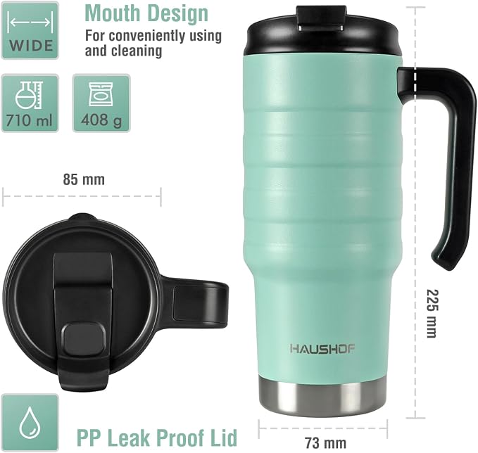 HAUSHOF 24 oz Travel Mug, Stainless Double Wall Vacuum Insulated Tumbler with Handle & Spill Proof Twist On Flip Lid and Wide Mouth, BPA Free