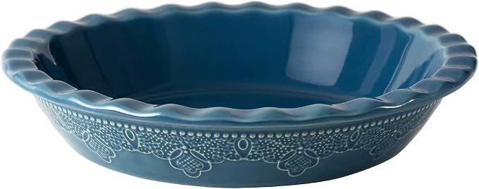 Pie Pan, 9 Inch Ceramic Pie Dish, Deep Dish Pie Pan with Lace Emboss, Ruffled Pie Plate for Baking, Thanksgiving Christmas Gifts(Grayish Blue)
