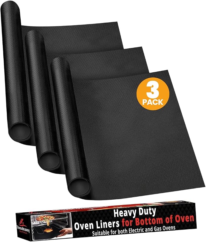 Oven Liners for Bottom of Oven -17"x 25" Large Heavy Duty Non-Stick 3 Pack | Resistant to 500°F, BPA & PFOA Free, Reusable, Fits Electric, Gas, Toaster, Microwave Ovens & Grills, Spill Guard, Black