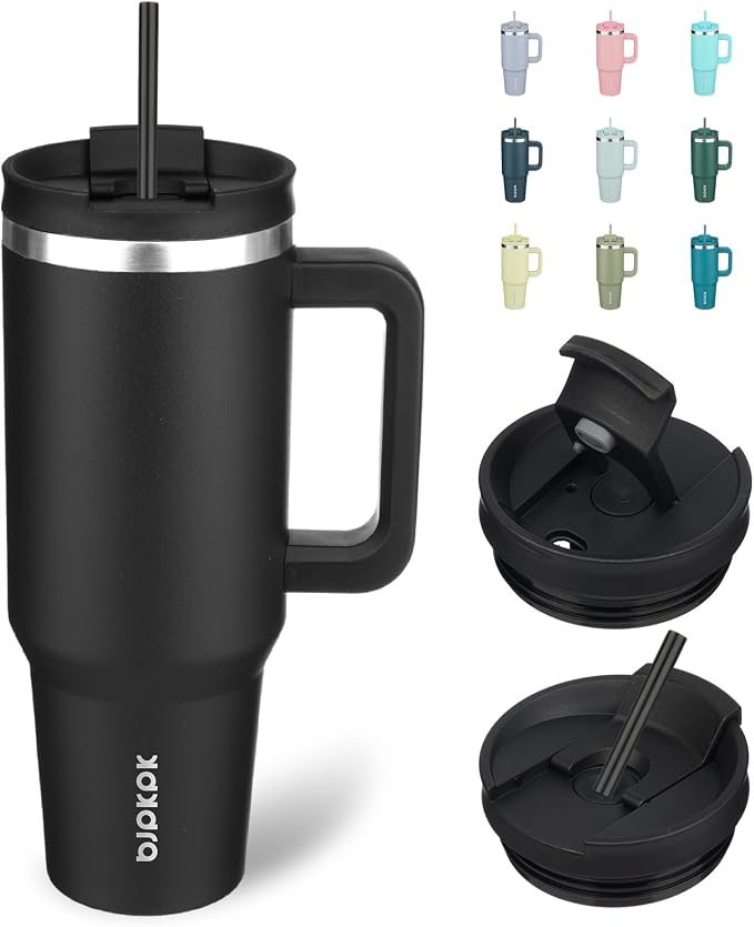 BJPKPK 40 oz Insulated Tumbler with Handle & Straw, Stainless Steel | Double Wall Vacuum Insulation, Leak Proof, BPA Free, Dishwasher Safe, Cupholder Friendly, Travel & Outdoor, Black
