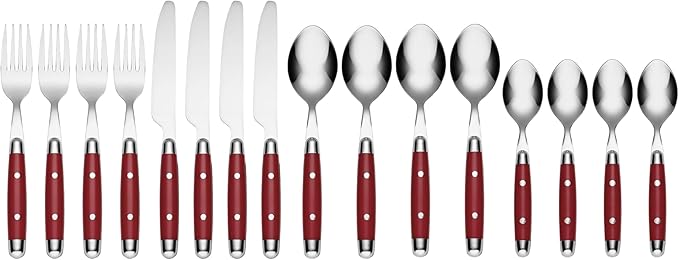 Cambridge Jubilee Red 16-Piece 18/0 Silverware Set for 4, Flatware | red, dishwasher safe | includes knives, forks, and spoons | heavy duty, cutlery set for kitchen and dining, utensil set