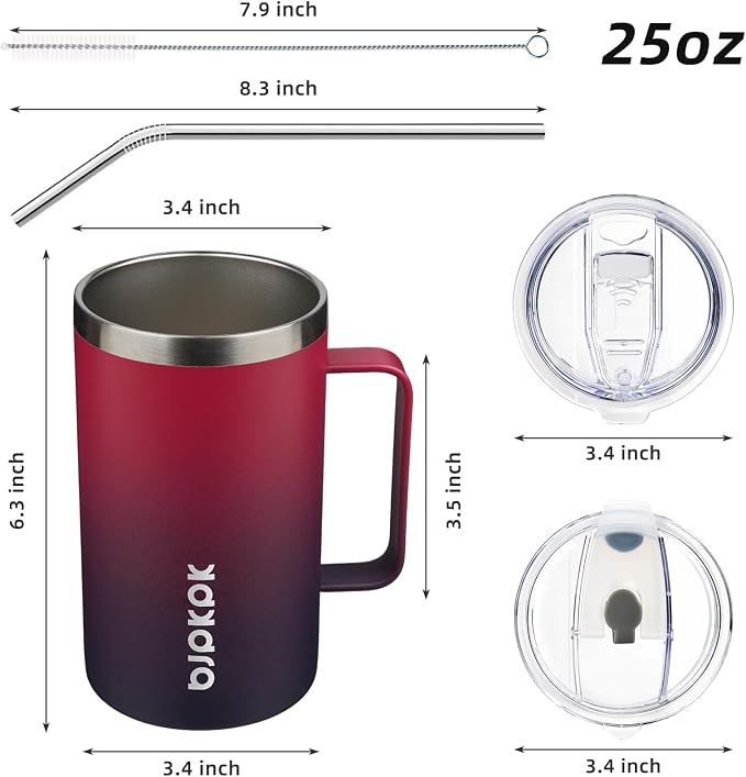 BJPKPK 25oz Insulated Coffee Mug with Handle, Stainless Steel Travel Mug | Keeps Drinks Hot & Cold, Double Wall Vacuum, 2 Lids Included, BPA-Free Coffee Tumbler for Home, Office & Travel