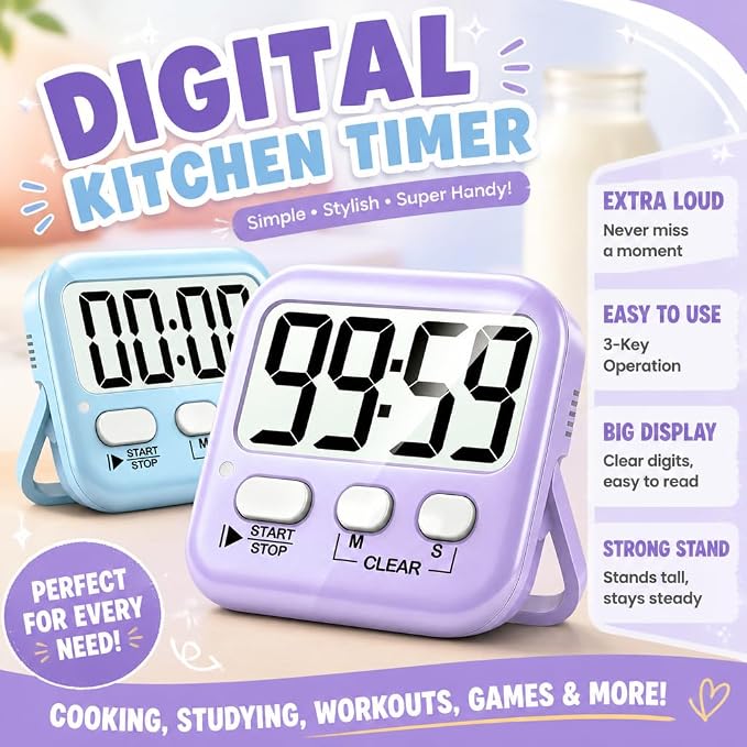 2 Pack Digital Timer for Kids Classroom Kitchen Timers for Cooking | w/ Battery, Easy to View, Alarm, Mute Mode, Count Down/Up, Magnetic, Kickstand, Hanging, Classroom Timer for Teacher Supplies