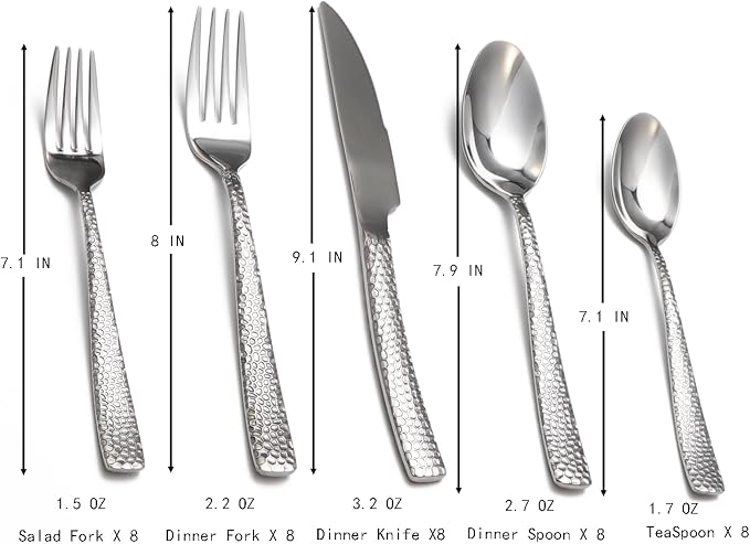 Hammered silverware set, 40 Piece Stainless Steel Flatware Set for 8, Food-Grade Tableware Cutlery Set for Home Restaurant, Mirror Polished, Dishwasher Safe