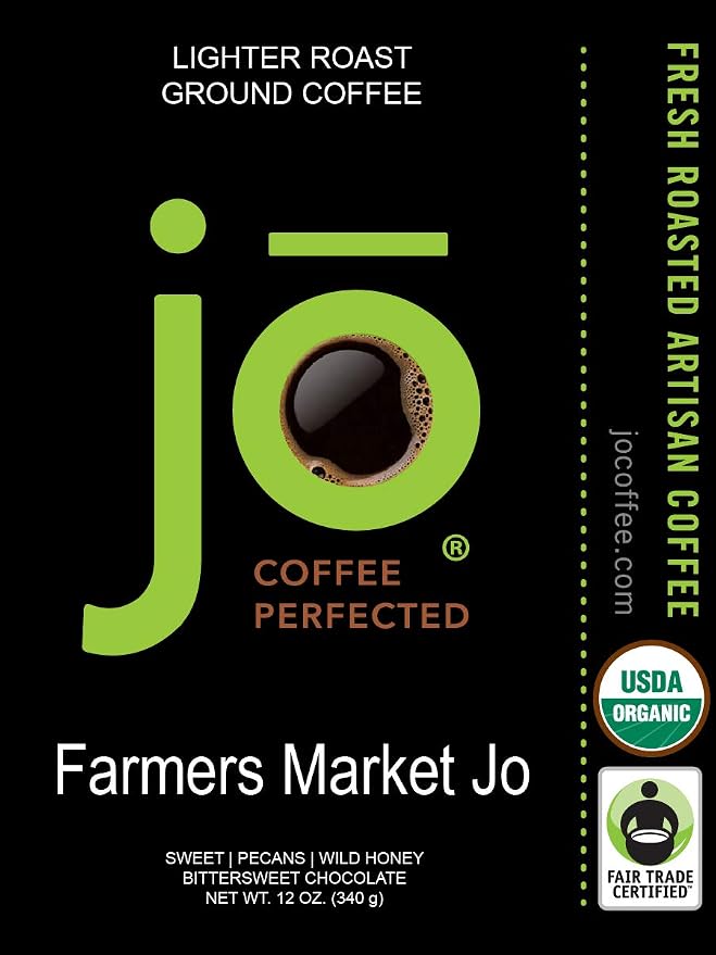 FARMERS MARKET JO: 12 oz, Organic Coffee, Ground, Lighter Roast | Soft Velvet Texture, USDA Certified Organic Fair Trade Certified Kosher, 100% Arabica Specialty Coffee, Non-GMO Gluten Free