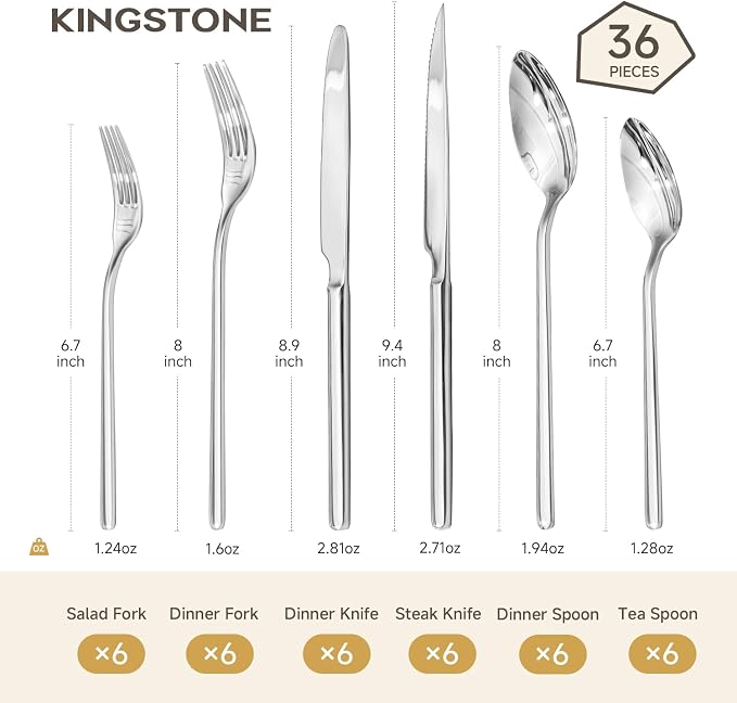 36-Piece Silverware Set with Steak Knives, Flatware Set for 6, 18/10 Stainless Steel Tableware Cutlery Set for Home Restaurant, Mirror Finish,Modern Design