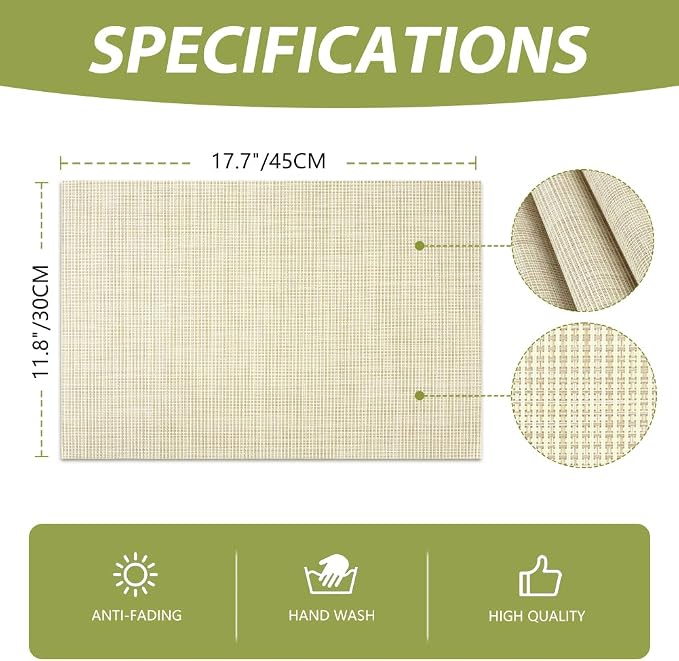 AUAUY Placemats Set of 6, Non-Slip Heat Resistant Table Mats, Beige | 6pcs PVC Vinyl Woven Table Placemats Washable for Kitchen Dinning Restaurant, Farmhouse