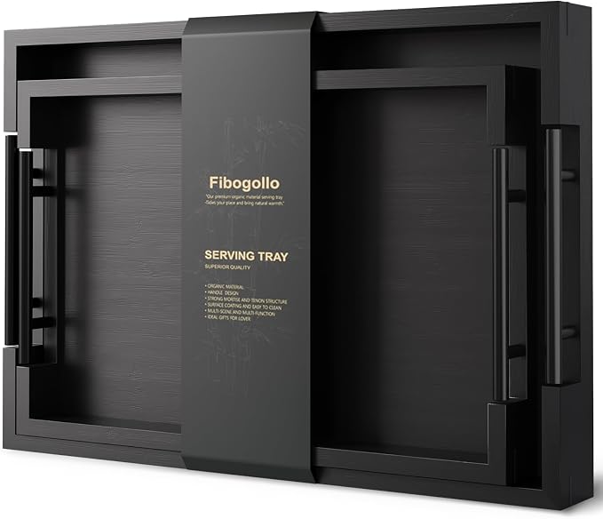 Fibogollo Set of 2 Bamboo Serving Trays with Metal Handles(Black) | Ottoman Decorative Trays Platter for Coffee Table,Living Room,Bar,Party,Holiday Hosting and Outdoor Entertaining