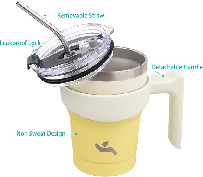 Konokyo 10 oz Tumbler with Handle and Straw, Insulated Travel Mug | Lemon; BPA-free, leak-proof tumbler with 2 lids, 2 straws, cup holder fit for coffee, office, travel & daily use