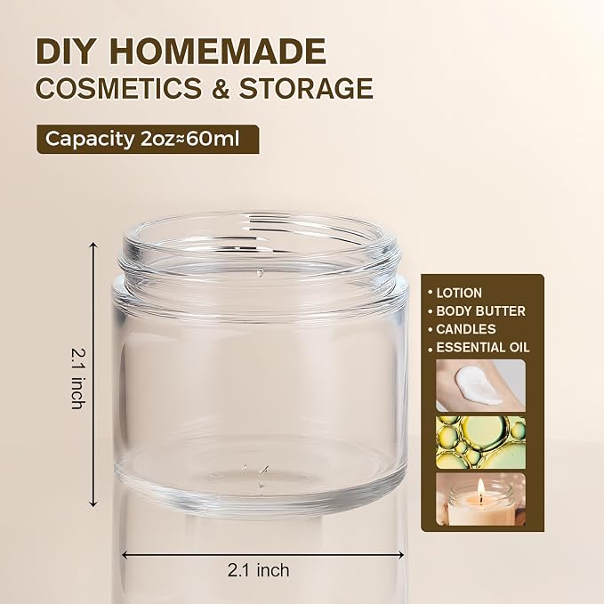 2oz Jars with Lids, Hoa Kinh 24 Pack Clear Cosmetic Glass Jars with Lids | Empty Cosmetic Containers Round Airtight Glass Jar with Inner Liners and Lid for Storing Lotions, Powders, and Ointments
