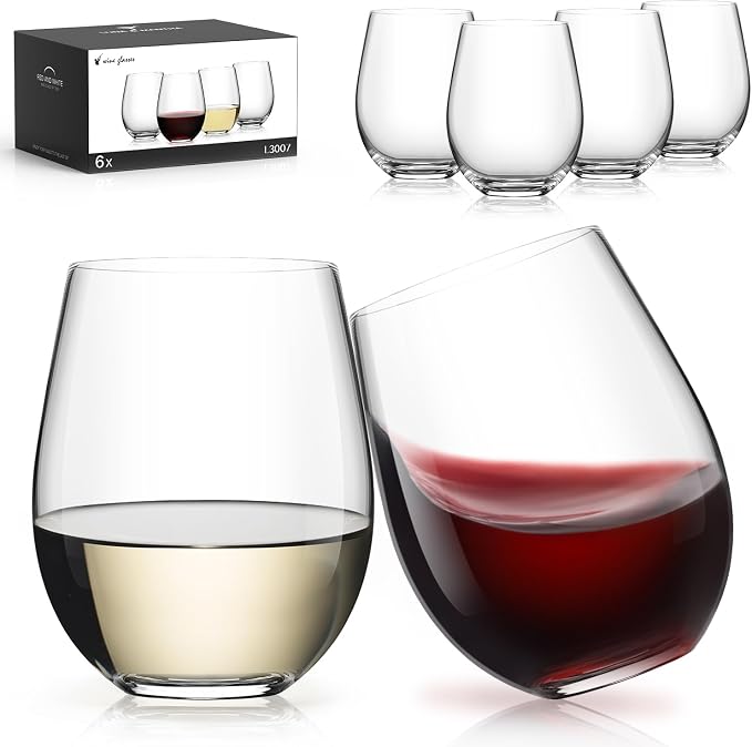 Stemless Wine Glasses Set of 6, 18oz Red White Wine Glass, No Stem | Glassware, Sturdy Drinking Glass, Home Bar, Daily Use, Hosting, Evening Party, Birthdays, Housewarming