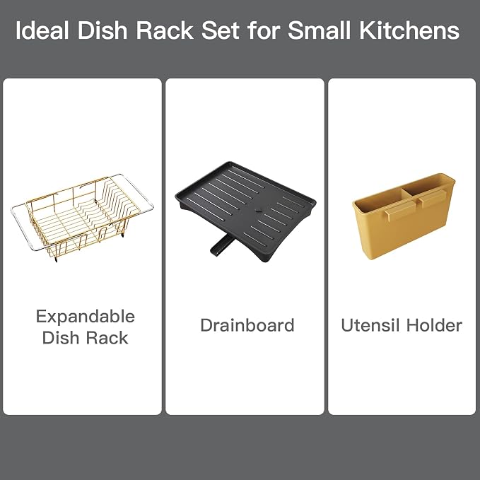 Gold Dish Drying Rack Over Sink with Utensil Holder, Drainboard | Expandable Stainless Steel Dish Drainer for Small Kitchen, Apartment, RV, Counter Space Saving, Perfect Fit, Rustproof