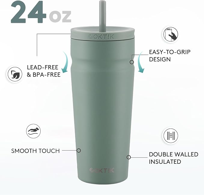 COKTIK 24oz Insulated Tumbler with Lid and Straw Iced Coffee Cup Reusable Stainless Steel Travel Mug Water Bottle Cupholder Friendly for Women Men Her Him (Bay Leaf)