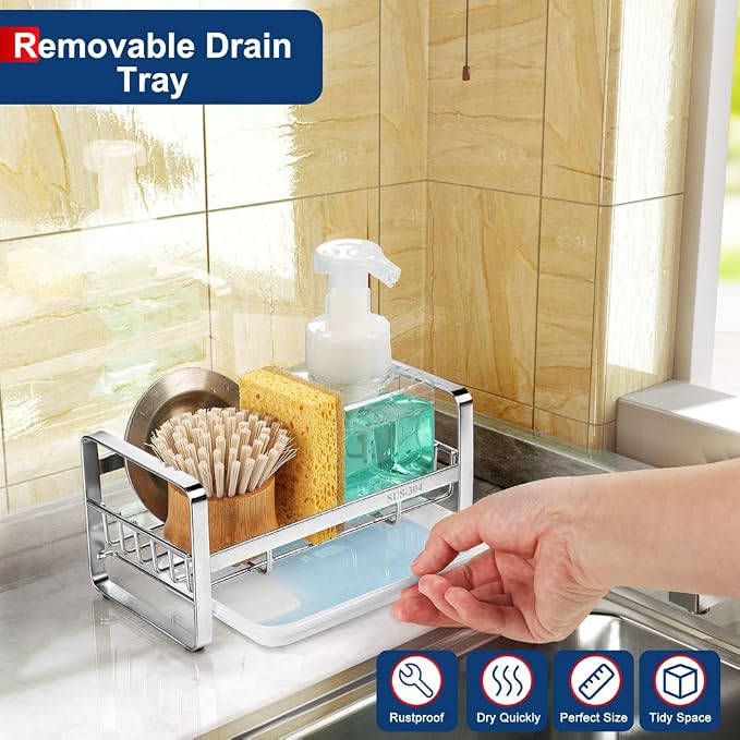 HULISEN Kitchen Sink Sponge Holder, 304 Stainless Steel Kitchen Soap Dispenser Caddy Organizer, Countertop Soap Dish Rack Drainer with Removable Drain Tray, not Including Dispenser and Brush | Removable Drain Tray, Holds Sponges Soap Bottles Brushes, C...
