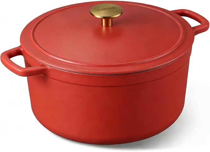 CAROTE 5QT Enameled Cast Iron Dutch Oven Pot with Lid | Sourdough Bread Baking, Braising, Stews, Roasting, Dual Handles, Oven Safe up to 500° F, Red
