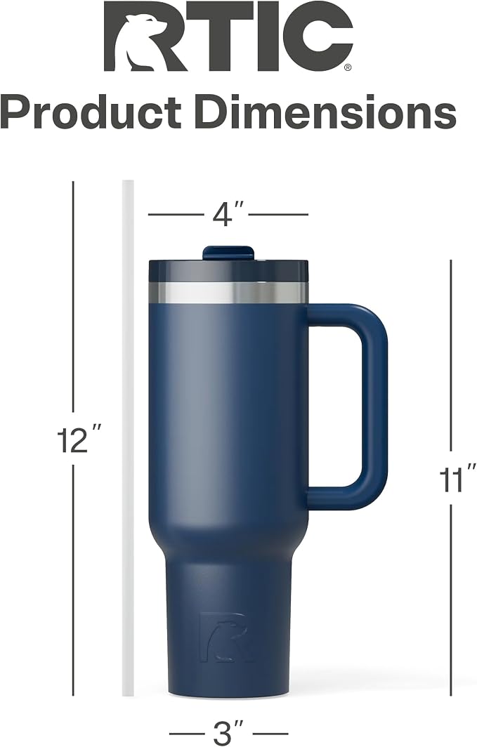 RTIC 40oz Road Trip Tumbler, Insulated, Ceramic Lined, Navy | with Lid, Handle and Straw, Stainless Steel Metal Cup, Portable for Hot and Cold Drinks, Coffee, Car, Camping, Travel