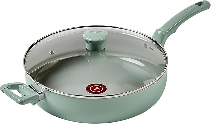 T-fal Refresh Ceramic Nonstick Skillet with Lid, 5 Qt Sauté Pan, Mint Green | Recycled aluminum body, Thermo-Spot heat indicator, Oven safe to 350°F, Helper handle, Excludes induction cooktops