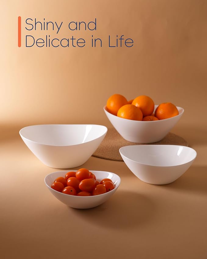 Oval Serving Bowls Set of 4, 12/20/43/66 OZ White Opal Glass | Space-saving nesting design with microwave & dishwasher safe, perfect for mixing, salad, fruit, pasta, dessert & prep