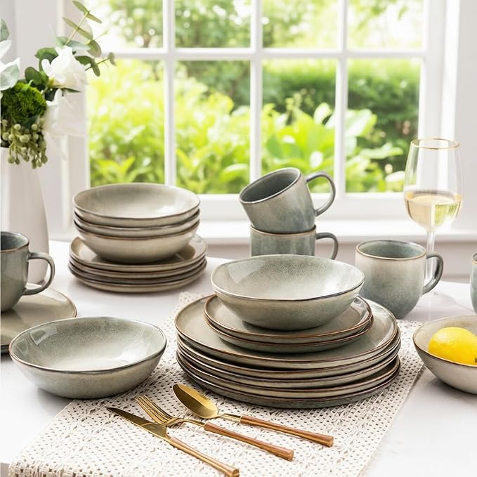 AmorArc Ceramic Dinnerware Sets for 4, 12Pcs Plates and Bowls Sets Dishes | Stoneware Handmade Reactive Glaze Dinner Set, Highly Scratch Resistant | Dishwasher & Microwave Safe Dishware