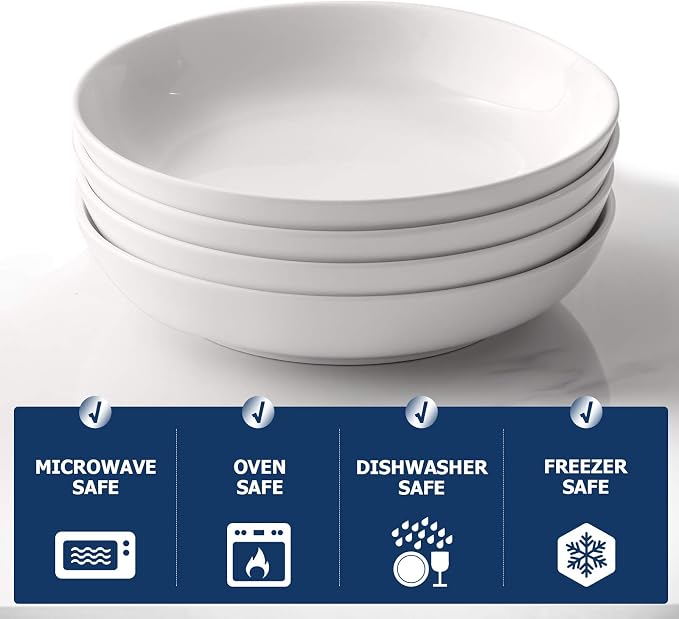 Y YHY Pasta Bowls 32oz, Ceramic Large Salad Serving Bowls, White Pasta Bowls Set, Shallow Soup Bowl Set of 4, Microwave & Dishwasher Safe