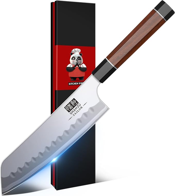 SHAN ZU 7 Inch Japanese Santoku Knife, 9 Layers 10Cr15MoV High Carbon Steel | Professional Kitchen Knife, Sharp Cooking Chef Knife with Ergonomic Red Sandalwood Handle, Meat Cutting Sashimi Chef Knife