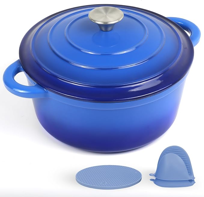 6 Quart Enameled Cast Iron Dutch Oven Pot with Lid Blue | Silicone Accessories, Oven Safe up to 500°F, Non-stick Dutch Oven for Bread Baking, Cooking, Dual Handles Cookware
