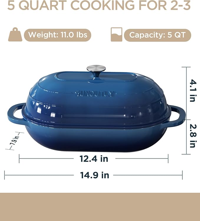 Enameled Cast Iron Bread Oven, 5QT Cast Iron Dutch Oven for Homemade Sourdough Bread Baking, Oval Bread Pot with Dome Lid & Cotton Potholders, Navy Blue