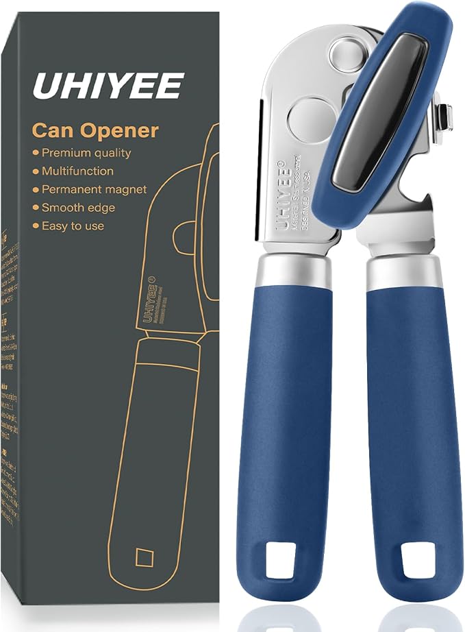 UHIYEE Manual Can Opener Hand Held with Magnet for Home Kitchen, Blue | Premium 420J2 Steel, Magnetic Lid Lifter, Easy-Turn Oversized Knob, Arthritis Friendly, Smooth Edge & Safe Cut