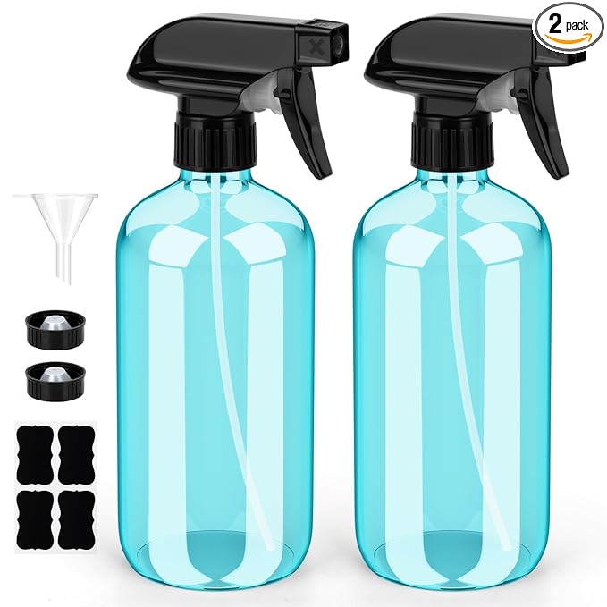 Bontip Glass Spray Bottle 16 oz for Cleaning, Plants (2 Pack, Light Blue) | 16oz refillable light blue spray bottles 2 pack, BPA-free eco glass, With label, Great for cleaners, plant misting, hair care