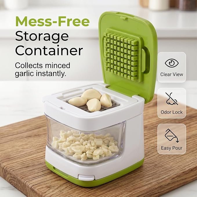 Mini Garlic Chopper and Press with Container (1 Pcs) | 2026 New Multifunctional Manual Mincer, Stainless Steel Blades, Handheld Kitchen Gadget, Dishwasher Safe