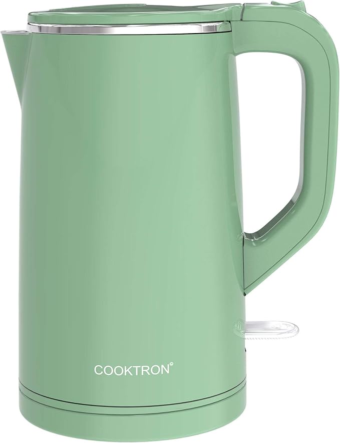COOKTRON 1.7L Electric Kettle Quiet, Double Wall Hot Water Boiler BPA-Free, Quiet Boil and Cool Touch Tea Kettle, Cordless with Auto Shut-Off & Boil Dry Protection, 1500W Fast Boiling, Green
