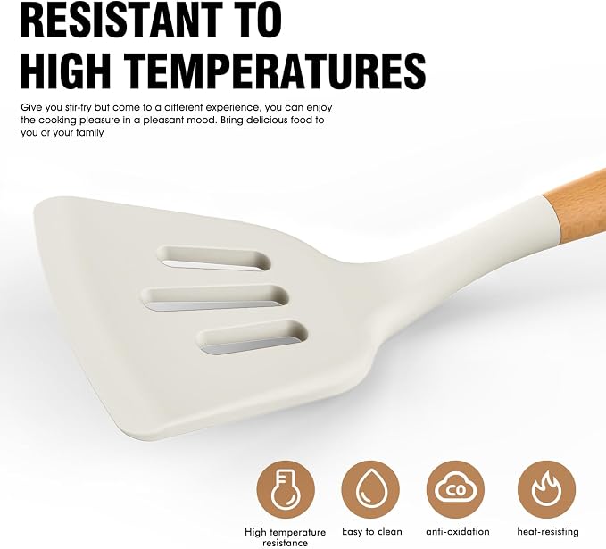 Silicone Cooking Utensils Set, Silicone Utensils for Cooking, 446° Heat Resistant Kitchen Utensil Silicone Spatula Sets, Kitchen Gadgets for Non-Stick Cookware BPA FREE (Cream White)