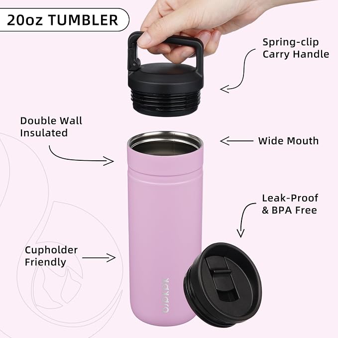 BJPKPK 20 oz Insulated Travel Water Bottle, Coffee Tumbler Stainless Steel | Double Wall Vacuum, Leakproof, Thermal, Keeps Hot/Cold, Dishwasher Safe, Spill Proof, Wide Mouth, 2 Lids, Light Pink