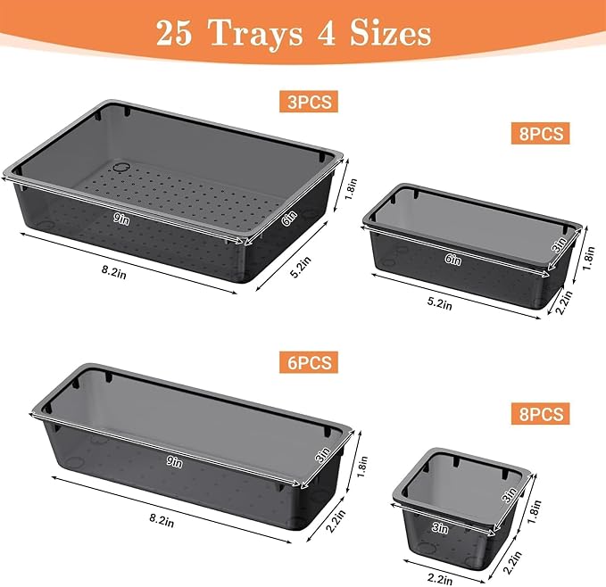 25 PCS Plastic Drawer Organizer, Versatile Organizer Trays & storage Bins | 4-Size Versatile Organizer Trays & storage Bins for Makeup, Jewelry, and Gadgets in Bathroom, Bedroom and Office, Clear Black