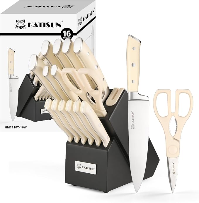 16-Piece Extra-Long Handle German Steel Knife Set with Block | Creamy White Cutlery For Large Hands & Better Leverage. Features Built-In Sharpener, Shears & Modern Base