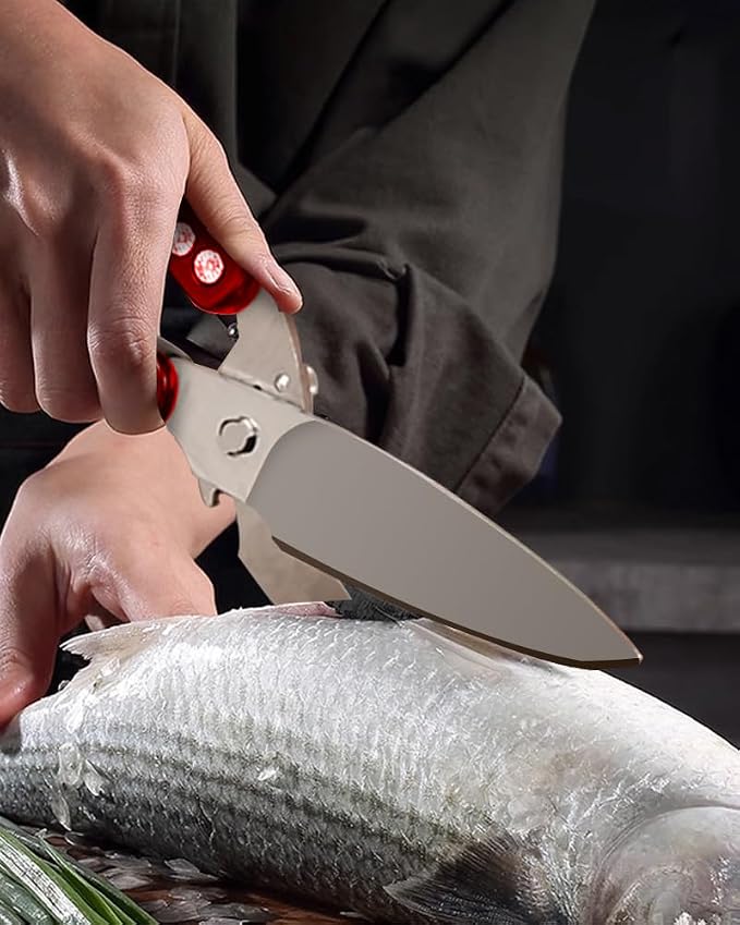 Brigii Kitchen Shears, Heavy Duty Poultry Shears, Detachable Scissors | Detachable blades, 304 stainless steel, built-in spring, safety lock, cuts bone, chicken, turkey, fish, seafood, Red