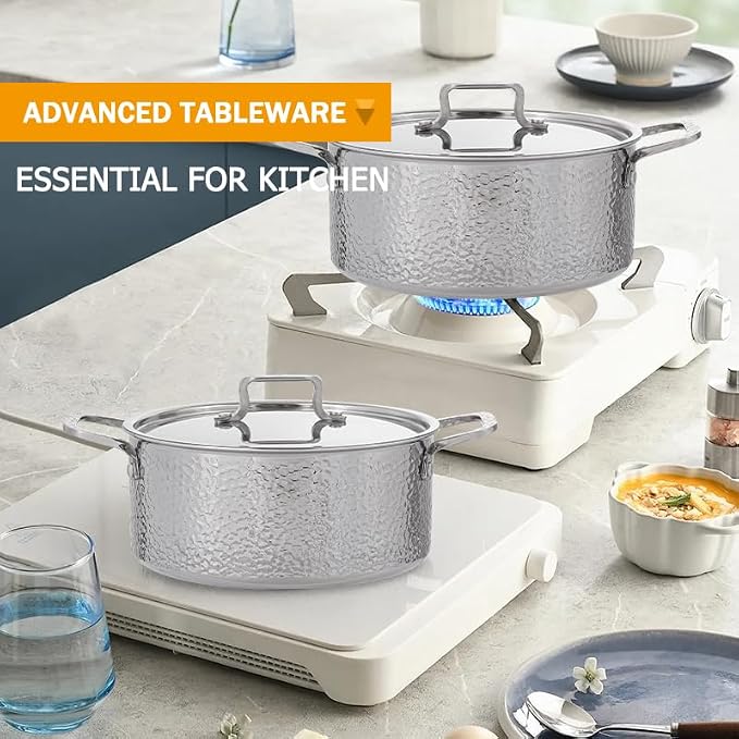 Vivicreate Tri-Ply Stainless Steel Stockpot Deep Cooking Pot with Hammered Exterior Compatible with All Stovetops Even Heat Distribution Durable Cookware for Soups Stews and More 3 QT