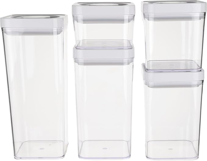 Amazon Basics Airtight Food Storage Containers, BPA Free, Dishwasher Safe, with Twist/Turn Lids, for Kitchen Pantry Organization, 10-Piece Square Set, Clear Plastic