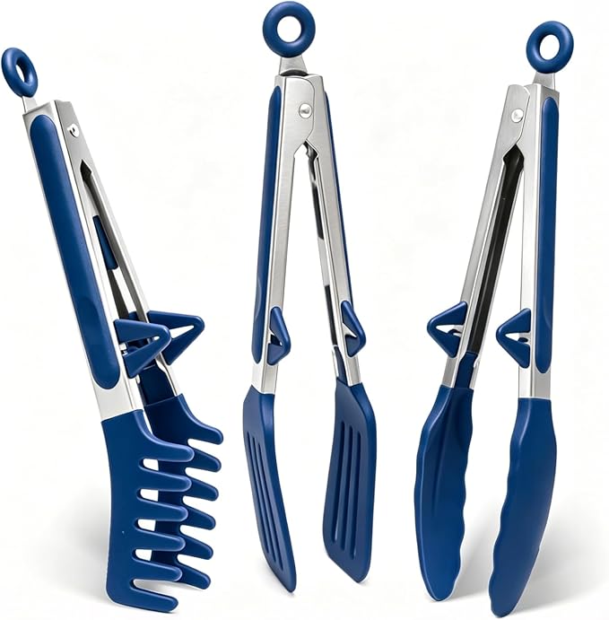 9" Kitchen Tongs for cooking with Silicone Tips, 3Pcs Serving Tongs, Blue | Small Silicone Tongs mit kickstand, Food Grade, 3 different type of tongs, Stainless Steel