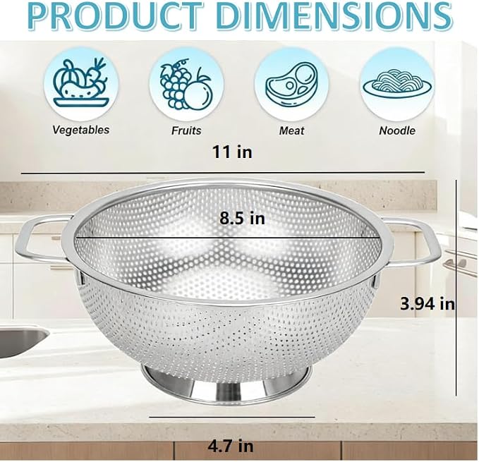 304 Stainless Steel Colander, Micro-Perforated 3-Quart Strainer with Base, Dishwasher Safe. Great for Pasta, Noodles, Vegetables & Fruits