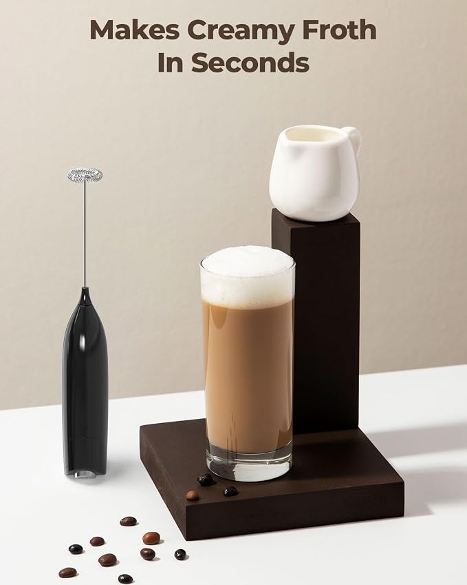 SIMPLETASTE Milk Frother Handheld Electric Foam Maker Battery Operated | Drink Mixer with Stainless Steel Whisk for Cappuccino, Bulletproof Coffee, Latte, Midnight Black, without Stand