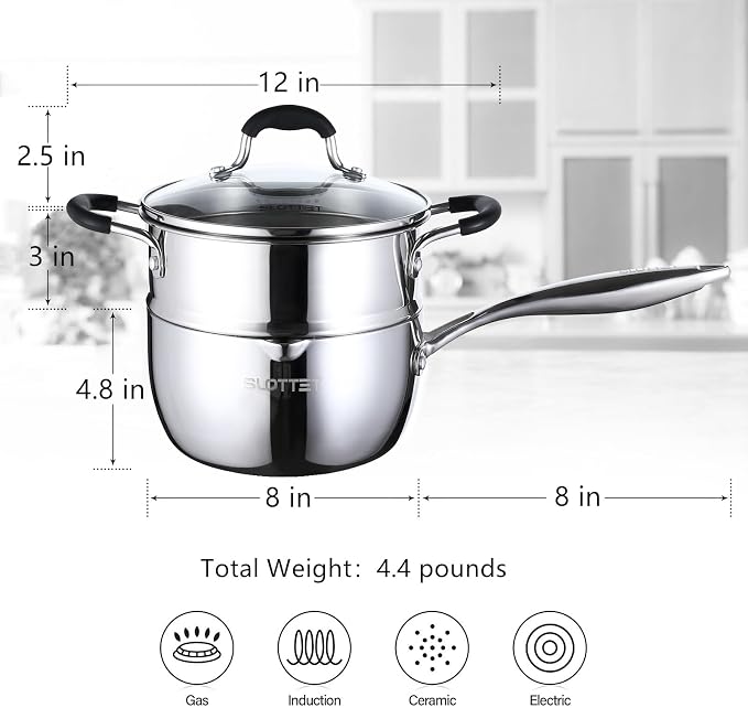 SLOTTET 3.5 Quart Stainless Steel Saucepan with Steamer, Tri-Ply Full Body Small Multipurpose Pot with Pour Spout,Strainer Glass Lid, 3 Qt Sauce Pan for Cooking with Stay-cool Handle.
