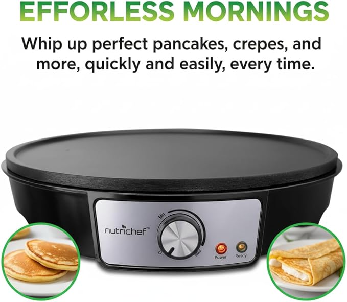 Nutrichef Electric Crepe Maker Pan & Griddle | 12 Inch Nonstick Cooktop | LED Indicators & Adjustable Temperature Control | Includes Spatula, Batter Spreader | Cooks Crepes, Roti & Pancakes