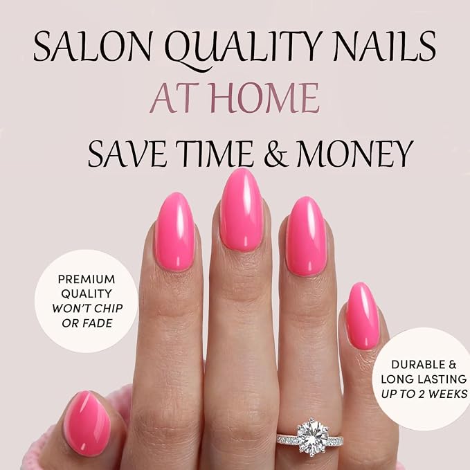 Pink Press On Nails Almond -Short Press On Nails with Nail Glue | Short Almond Fake Nails,Hand-Applied UV Finish, Salon Quality Nails in 12 Sizes - 24 Nail Kit with Glue