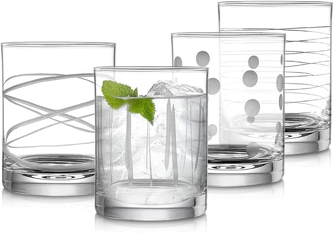 Joeyan Hand Blown Etched Whiskey Glasses,Old Fashioned Tumblers with Stripes Dots Pattern,Clear Carved Rocks Glasses,Scotch Bourbon Glassware for Party Anniversary,13.5 oz,Set of 4,Dishwasher Safe