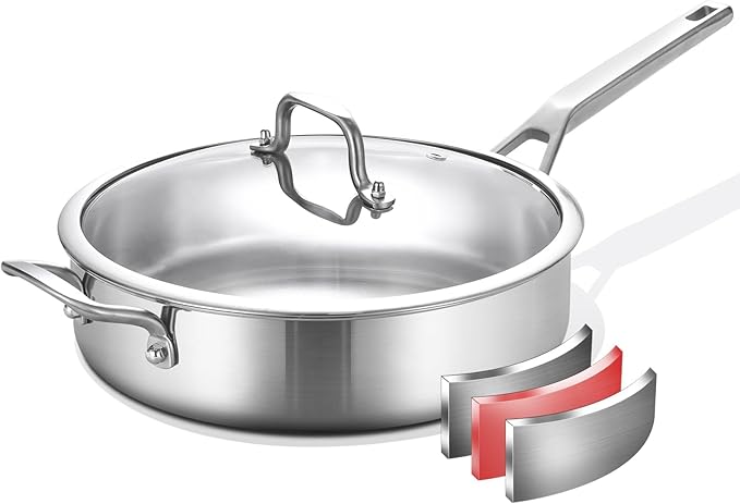 Yeksum Tri-Ply Stainless Steel Saute Pan 7 Quarts, 12 Inch Deep Frying Pan with Lids, 3-layer Large Frying Pan Skillet with Stay Cool Handle, Saute Pan with Lid, Induction Pan, Works on All Cooktops