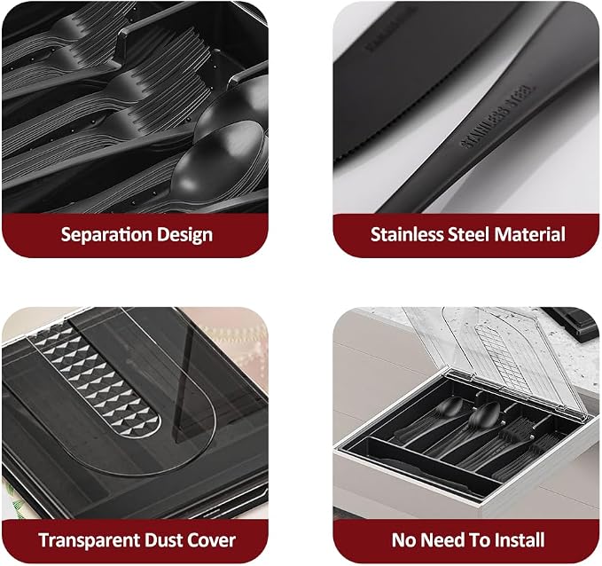 41-Piece Black Matte Silverware Set with Drawer Organizer, SANLUNS Stainless Steel Flatware Cutlery for 8 Utensil Set for Home Restaurant, Tableware Includes Knife Fork Spoon Set Dishwasher Safe