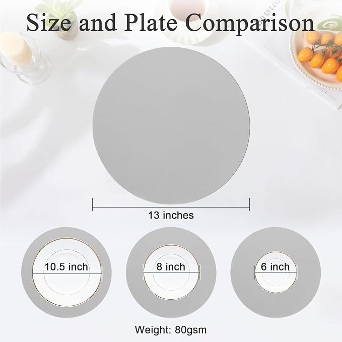 SHACOS 100 pcs Round Paper Placemats Disposable 13 inch Colored Paper Place Mats Charger for Wedding Birthday Party Bridal Baby Shower Events Table Decoration, Light Gray