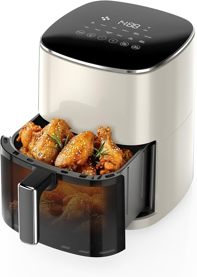 OLIXIS 12-in-1 Air Fryer 6.34 Quarts, Visable Airfryer with Window, 400°F, Roast, Reheat, Dehydrate, Bake, Steam, Fries, Custard, Chicken, Wings, Sea Food, Vegetabels, Pearl White